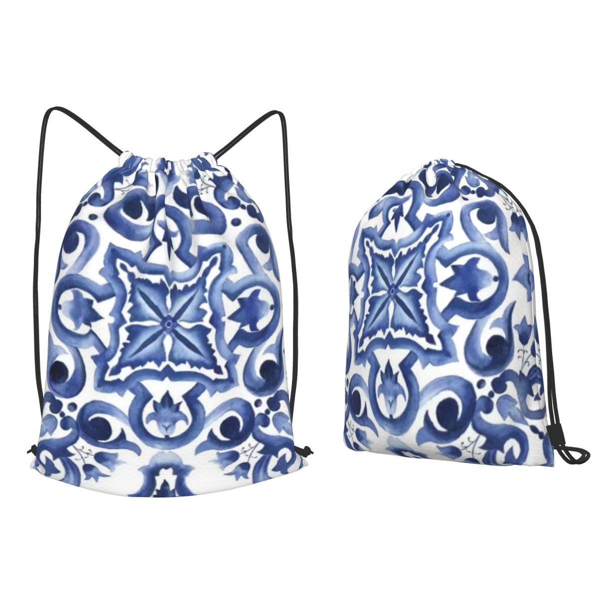 Tile Bag Drawstring - Niebieskie, zdobione kwiatowym wzorem, śródziemnomorskie, sycylijskie