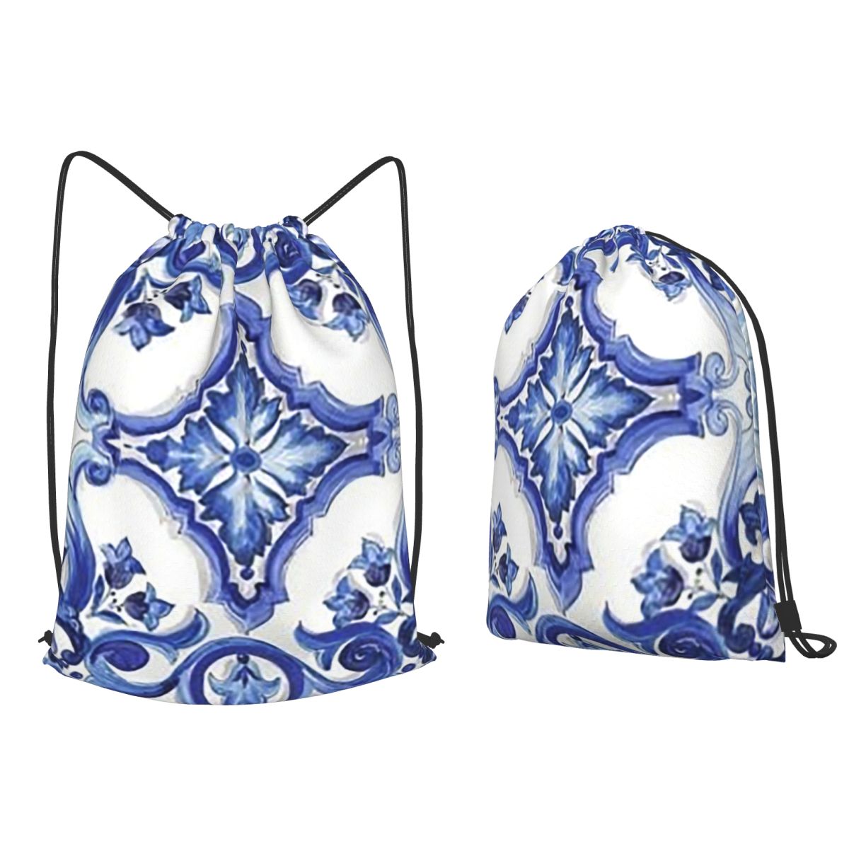 Tile Bag Drawstring - Niebieskie, zdobione kwiatami, śródziemnomorskie, sizilianieckie plecaki
