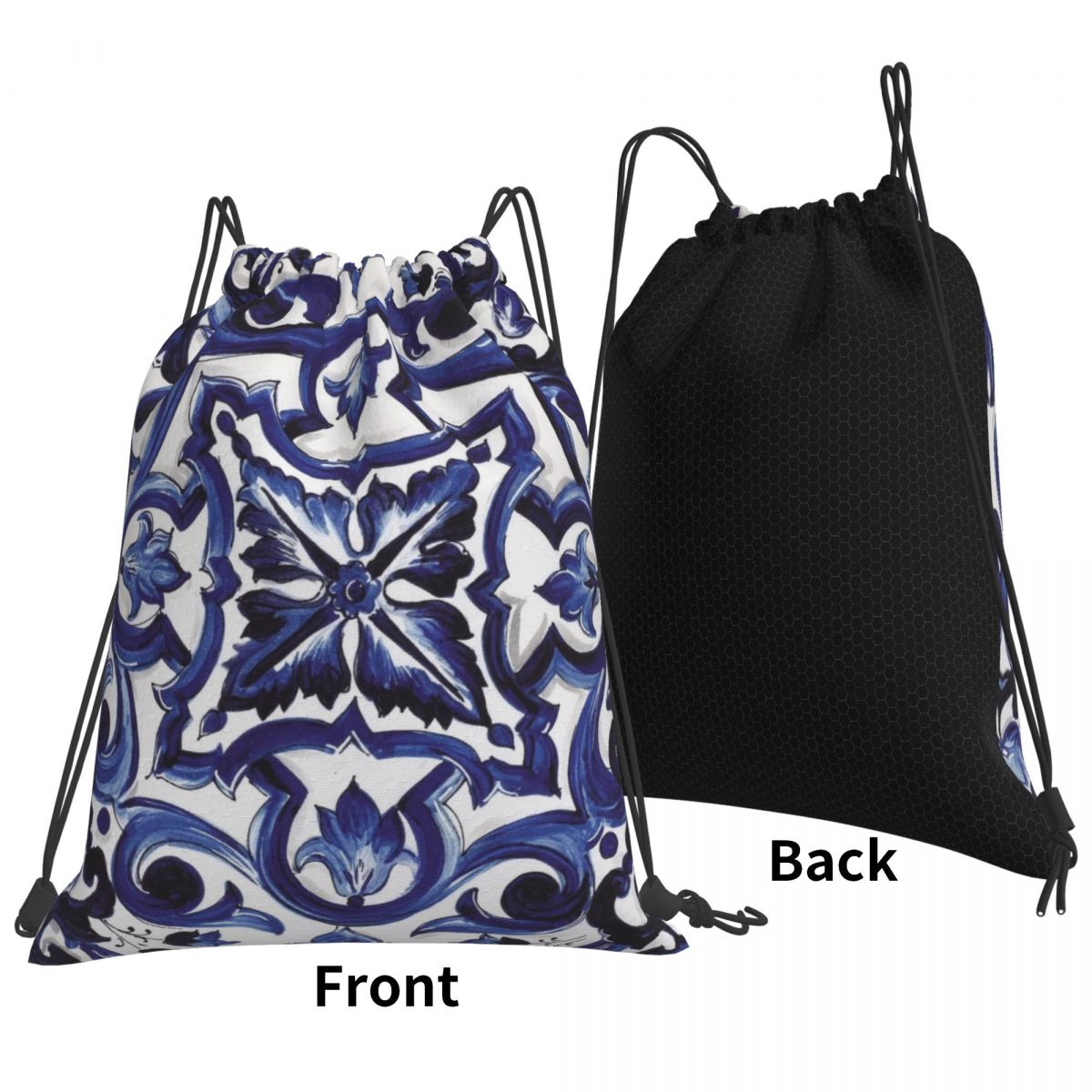Tile Bag Drawstring - Niebieskie, zdobione kwiatami, śródziemnomorskie, sycylijskie plecaki