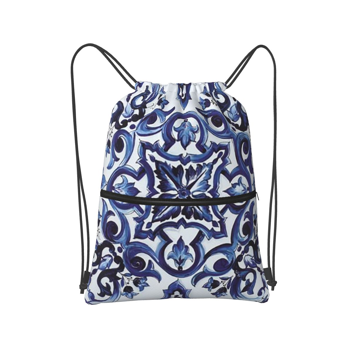 Tile Bag Drawstring - Niebieskie, zdobione kwiatami, śródziemnomorskie, sizilianiejskie plecaki