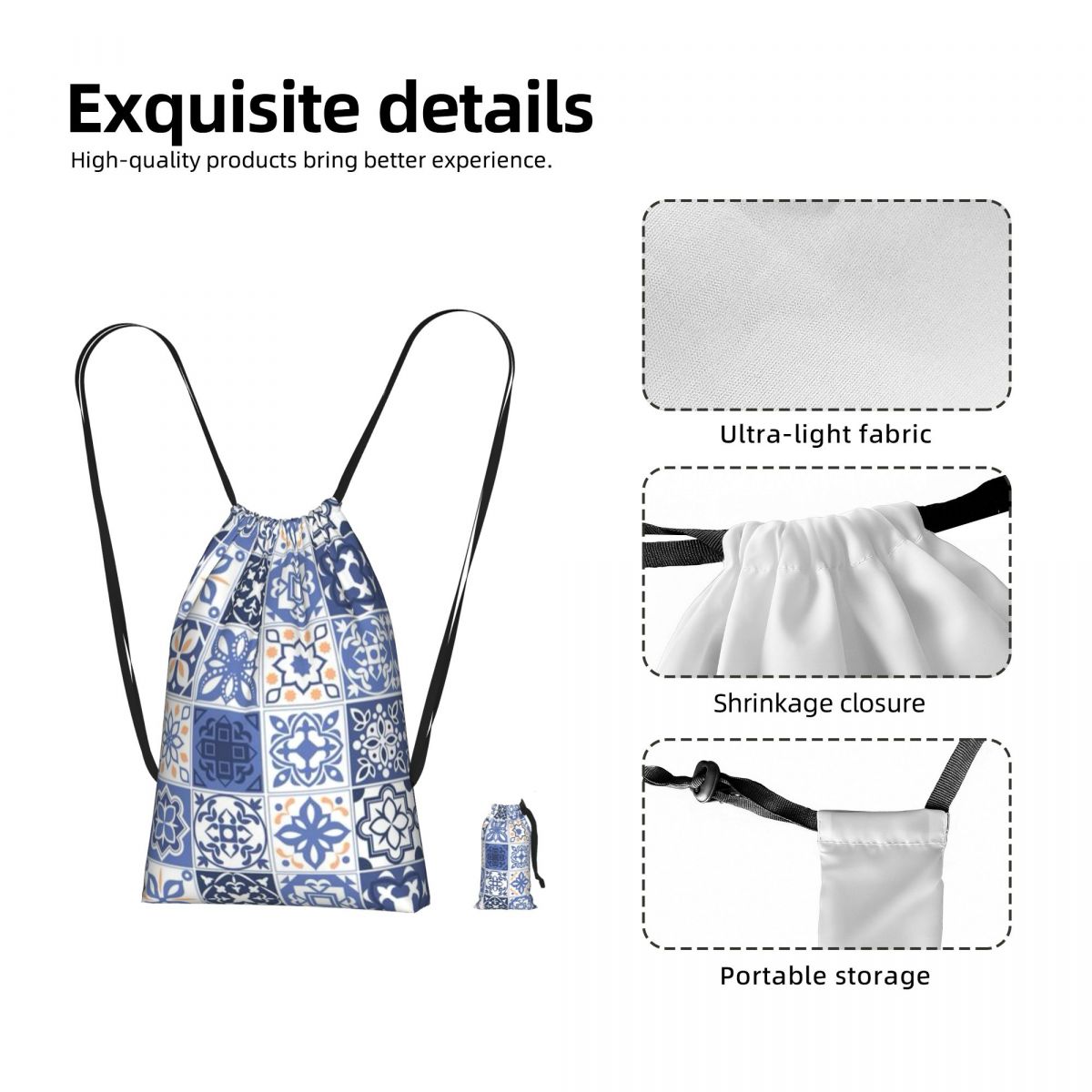 Tile Bag Drawstring - Niebieski portugalski wzór płytek Azulejo z