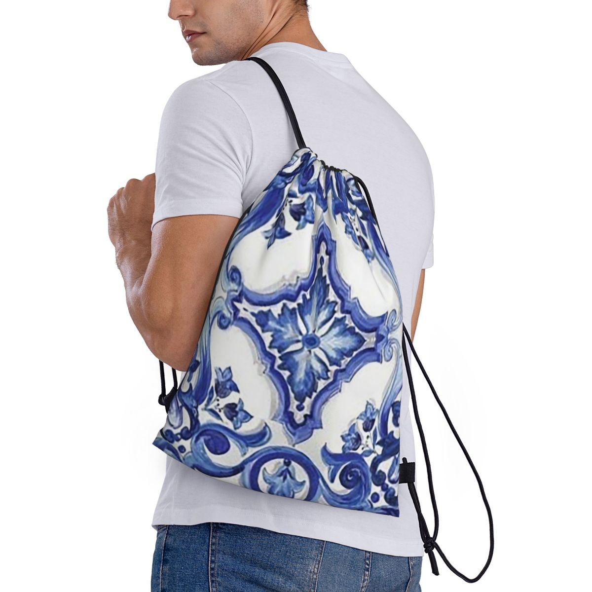 Tile Bag Drawstring - Niebieskie, zdobione kwiatowym wzorem, śródziemnomorskie, sycylijskie