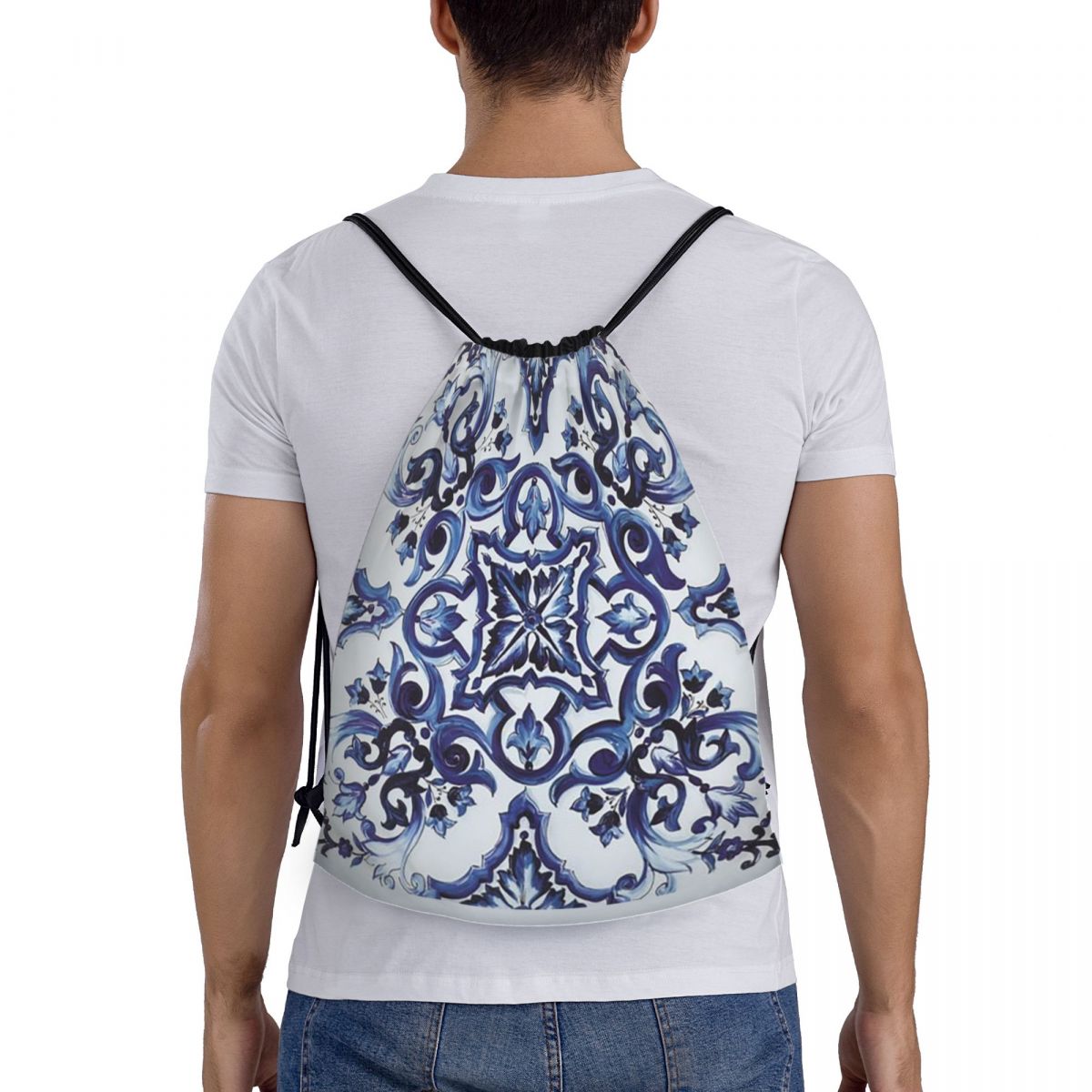 Tile Bag Drawstring - Niebieskie, zdobione kwiatami, śródziemnomorskie, sycylijskie plecaki