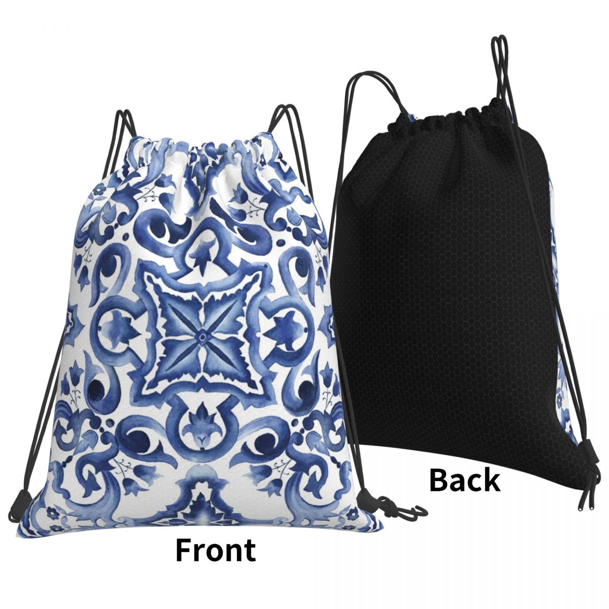 Tile Bag Drawstring - Niebieskie, zdobione kwiatowym wzorem, śródziemnomorskie, sycylijskie