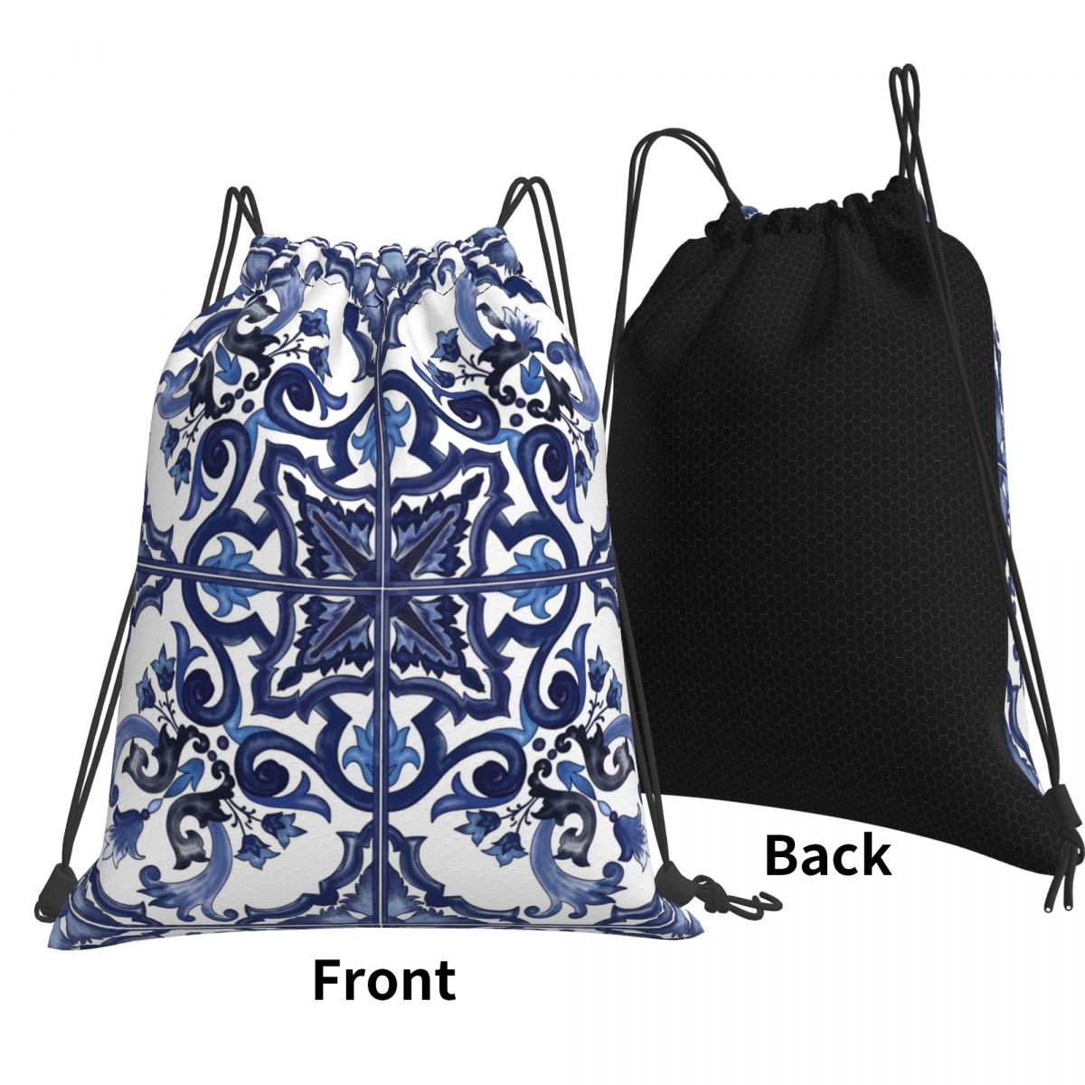 Tile Bag Drawstring - Niebieskie, zdobione kwiatowym wzorem, śródziemnomorskie, sycylijskie