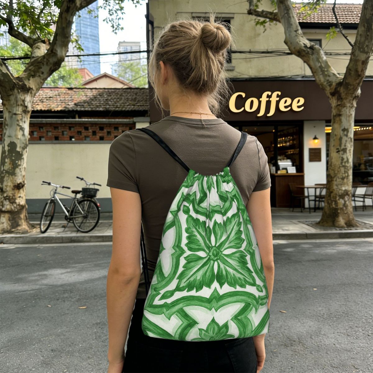 Tile Bag Drawstring - Zielone, zdobione kwiatami, śródziemnomorskie, sizilianckie plecaki