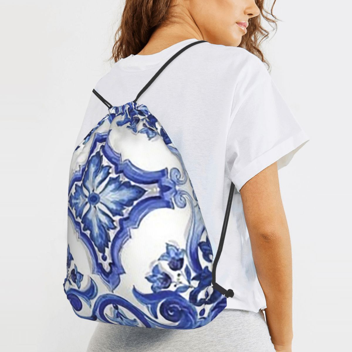 Niebieskie, zdobione kwiatami, – Tile Bag Drawstring recenzja i cena