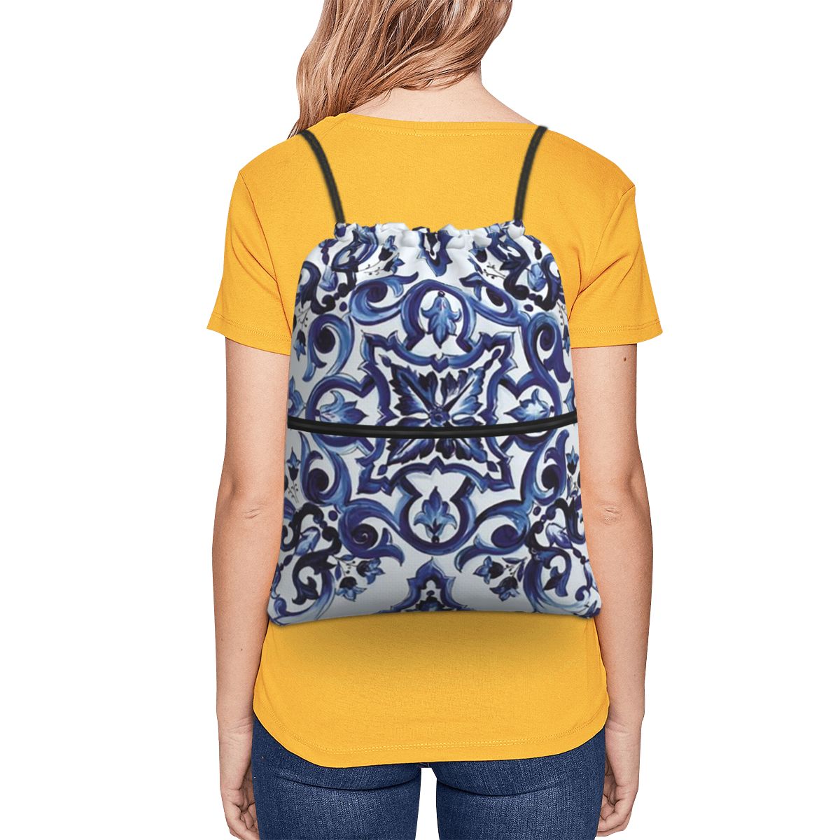 Niebieskie, zdobione kwiatami, – Tile Bag Drawstring recenzja i cena