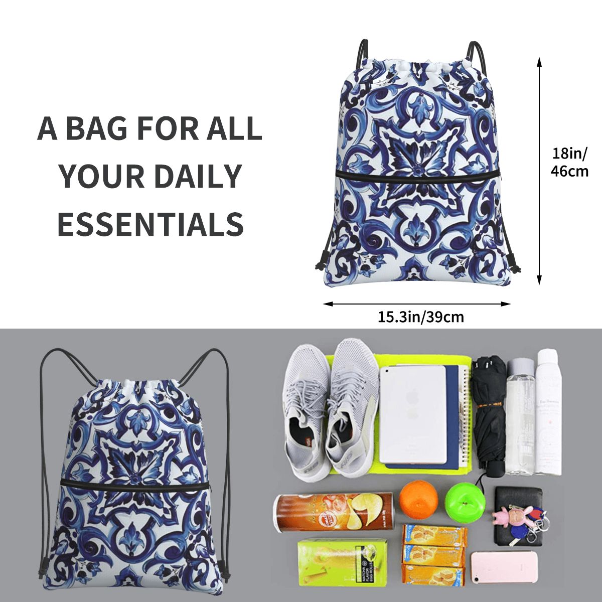 Niebieskie, zdobione kwiatami, – Tile Bag Drawstring recenzja i cena