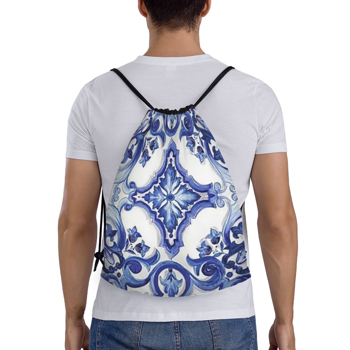 Niebieskie, zdobione kwiatowym – Tile Bag Drawstring recenzja i cena