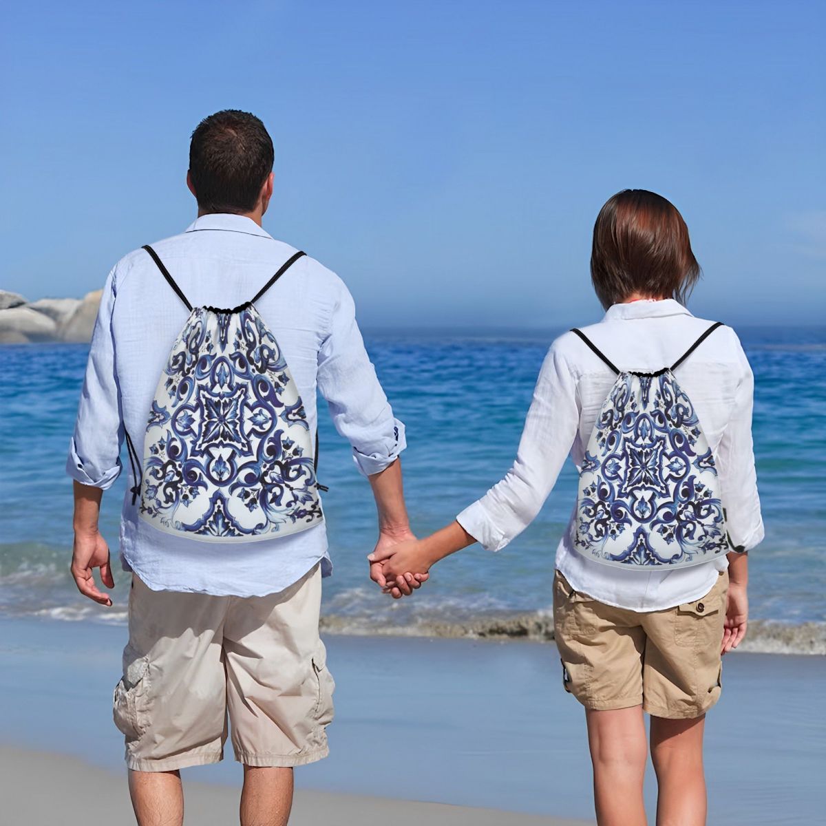 Niebieskie, zdobione kwiatami, – Tile Bag Drawstring recenzja i cena