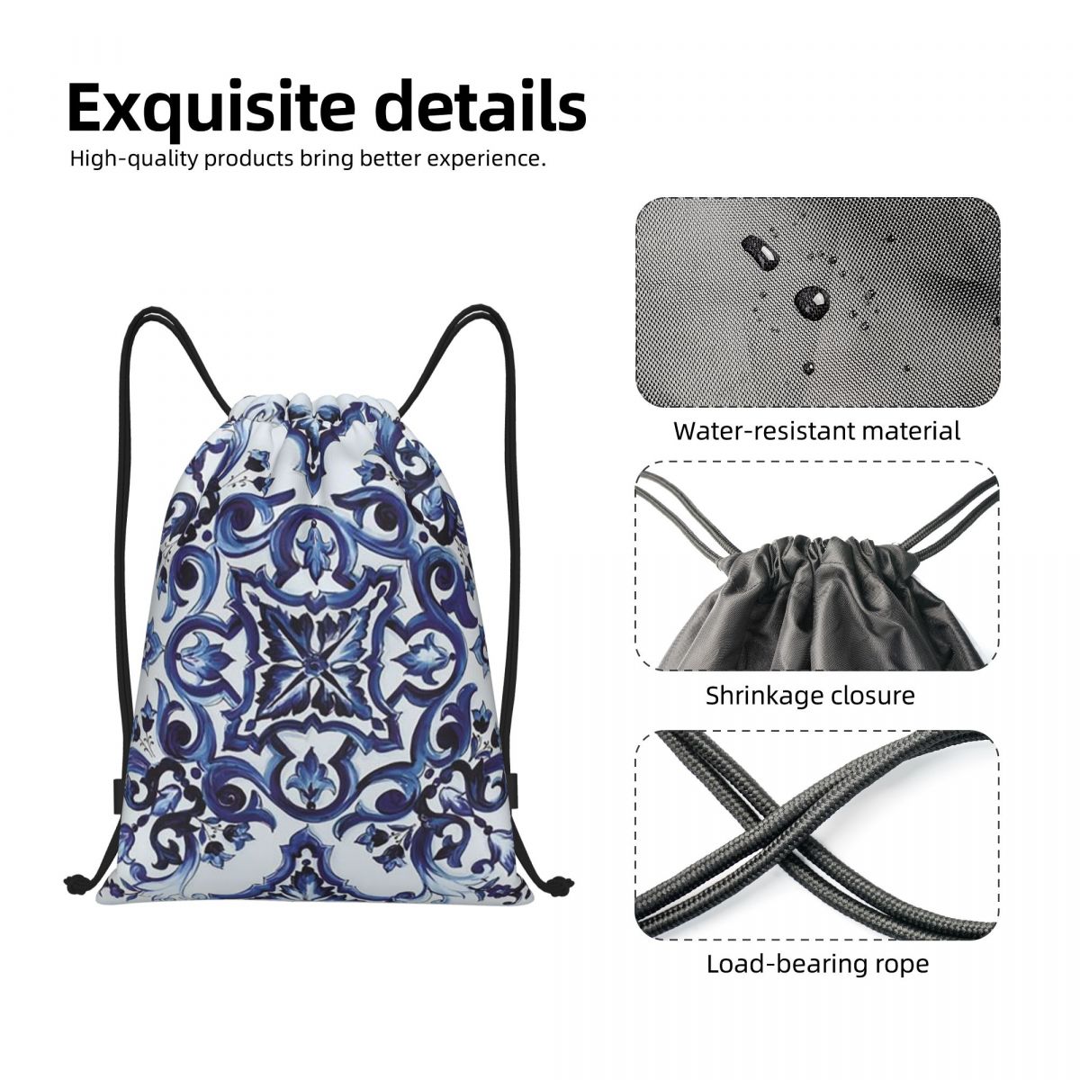 Niebieskie, zdobione kwiatami, – Tile Bag Drawstring recenzja i cena