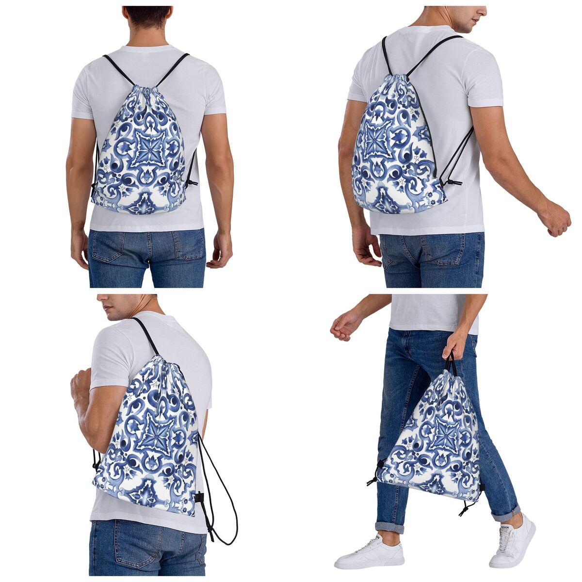 Niebieskie, zdobione kwiatowym – Tile Bag Drawstring recenzja i cena