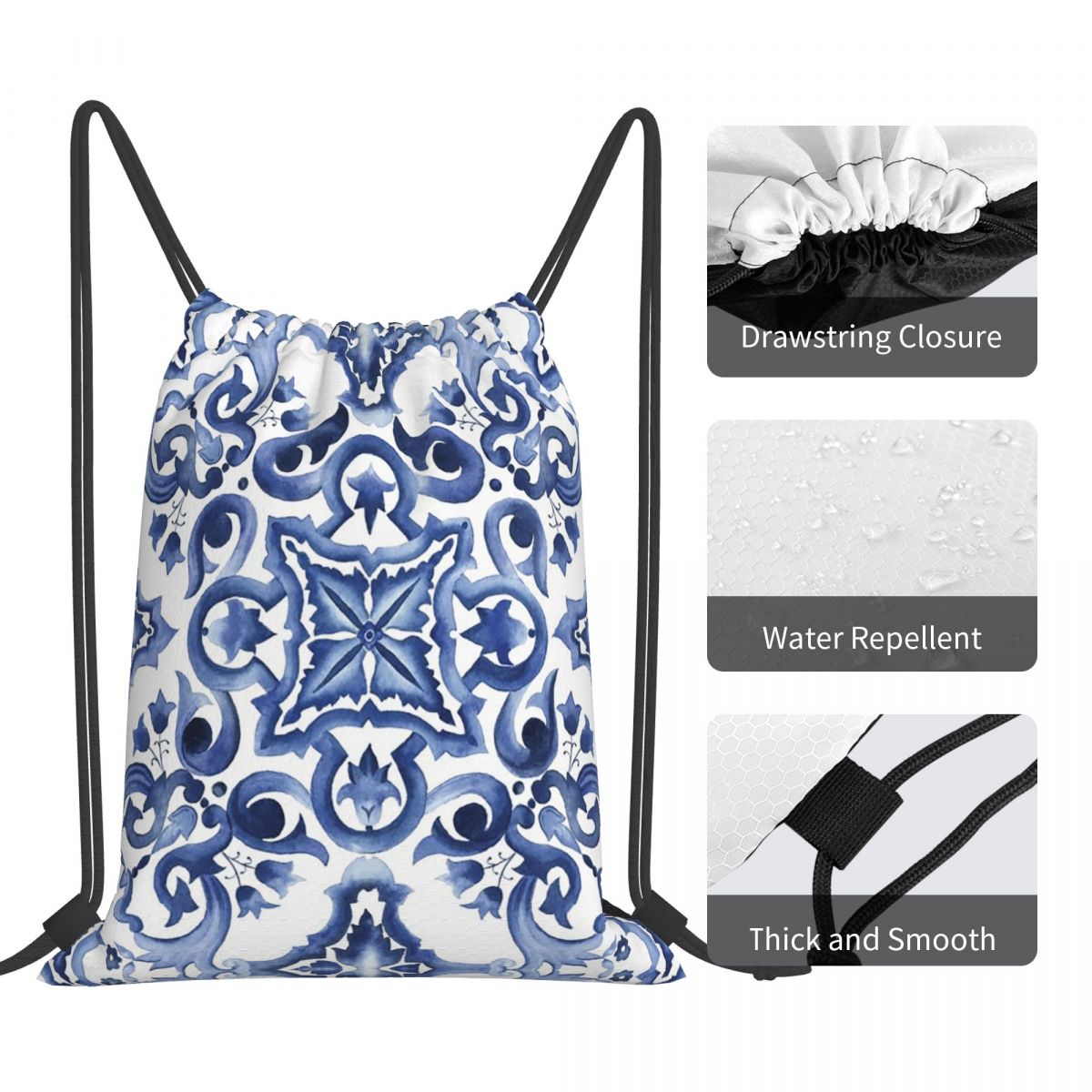 Niebieskie, zdobione kwiatowym – Tile Bag Drawstring recenzja i cena