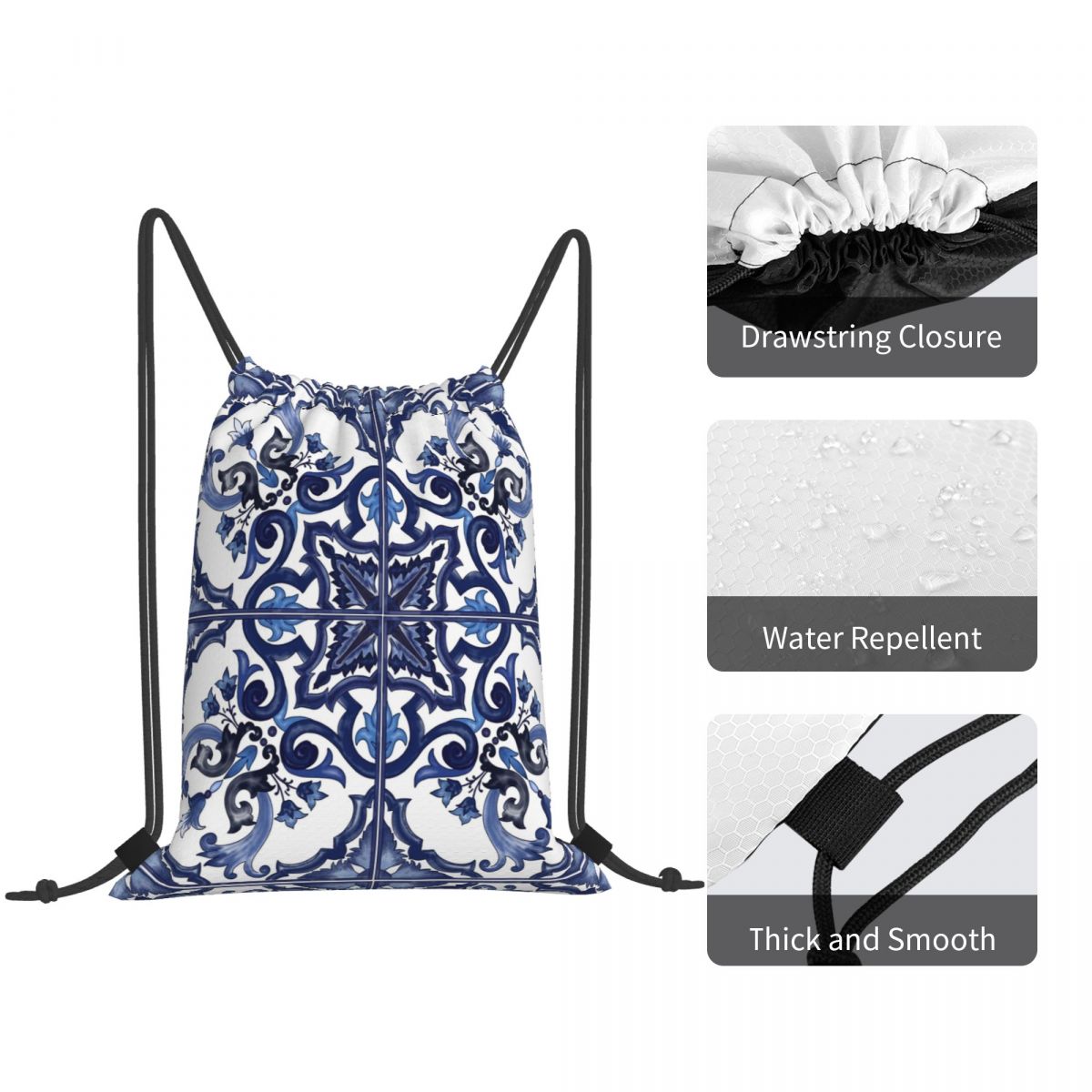 Niebieskie, zdobione kwiatowym – Tile Bag Drawstring recenzja i cena