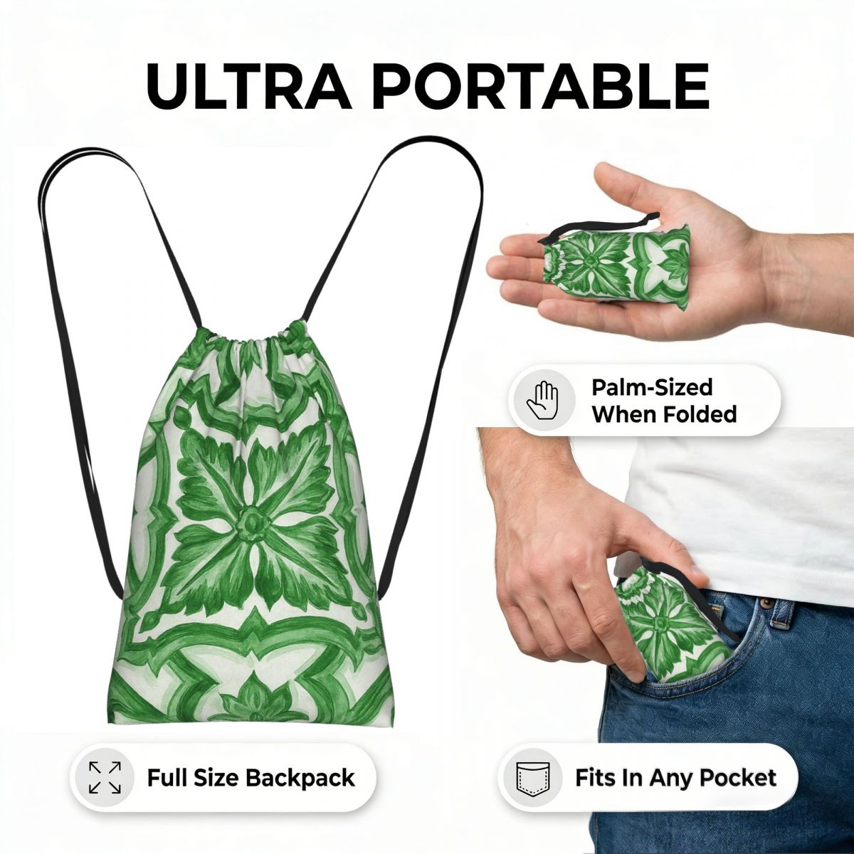 Zielone, zdobione kwiatami, śr – Tile Bag Drawstring recenzja i cena